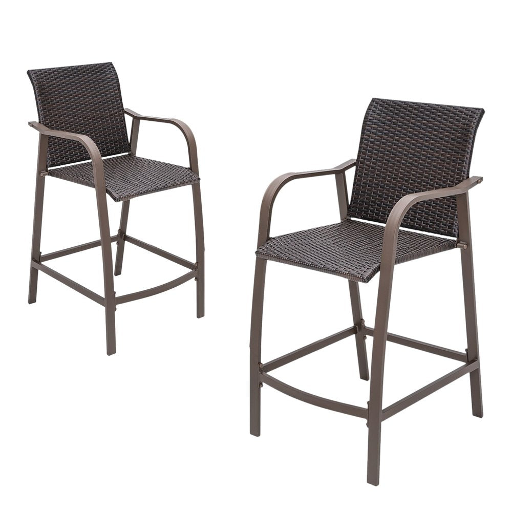 Set of Two 28" Brown Aluminum Outdoor Counter Height Bar Chairs