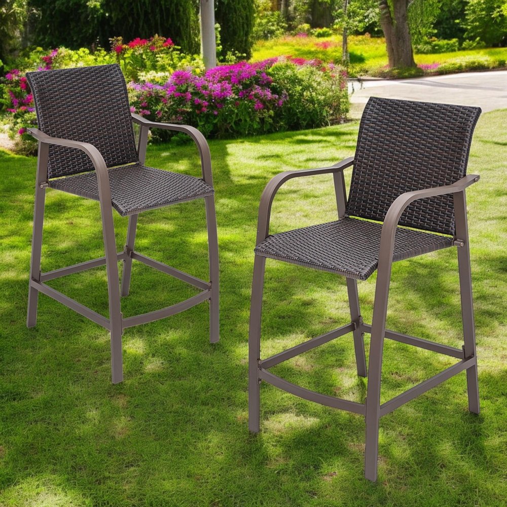 Set of Two 28" Brown Aluminum Outdoor Counter Height Bar Chairs