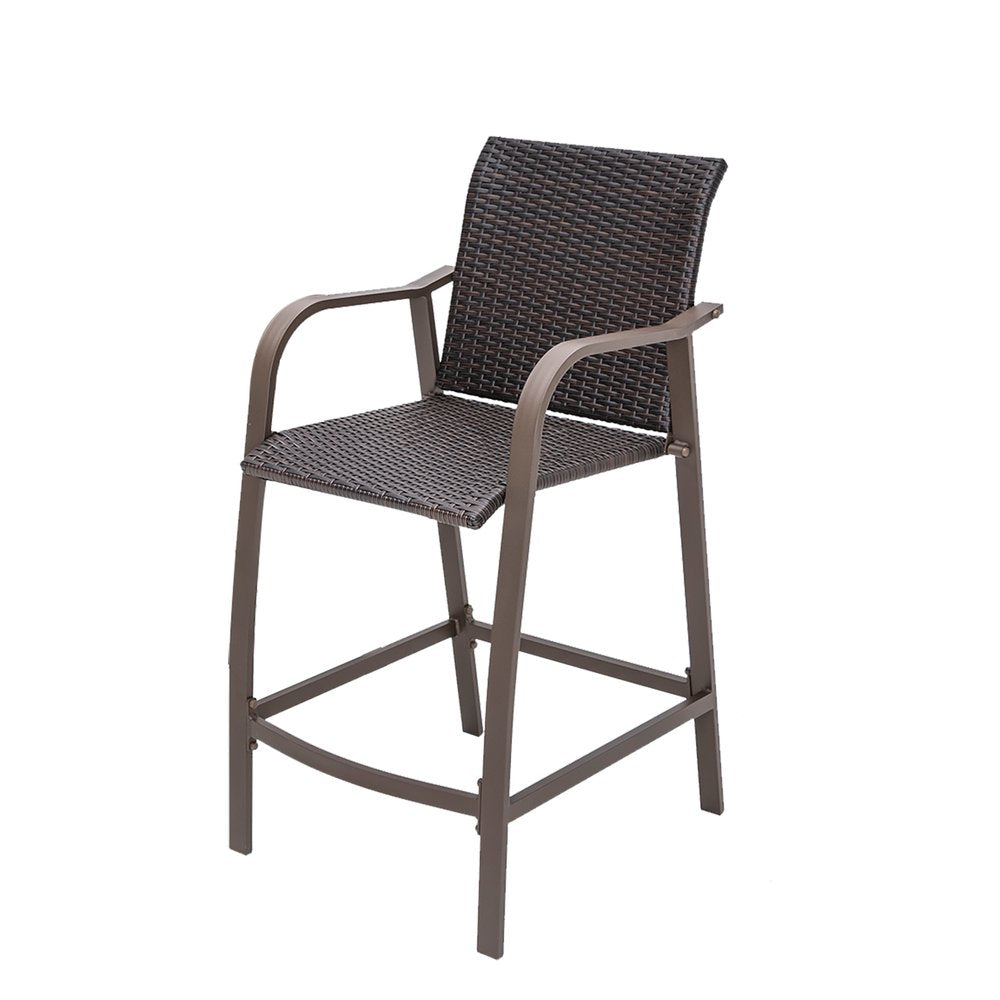 Brown wicker and metal outdoor counter height bar chair with arms on a white background.
