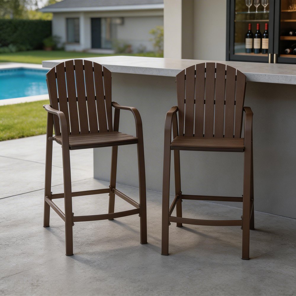 Set of Two 28" Brown Aluminum Outdoor Bar Height Chairs in a home interior
