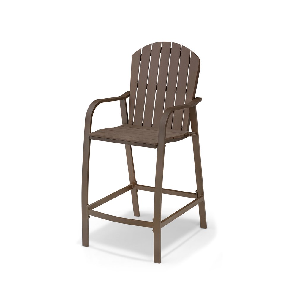 Brown aluminum outdoor bar height chair with slatted seat and back, on a white background.