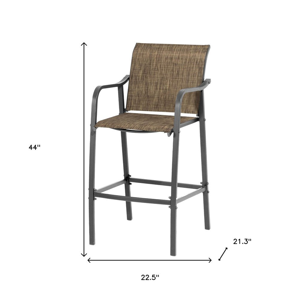 Set of Two 28" Gray and Brown Steel Outdoor Bar Height Chairs on a white background