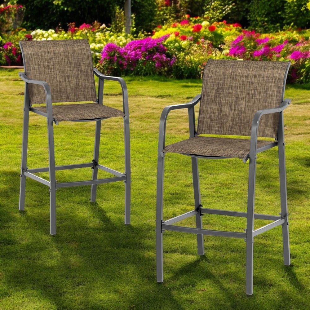 Set of Two 28" Gray and Brown Steel Outdoor Bar Height Chairs