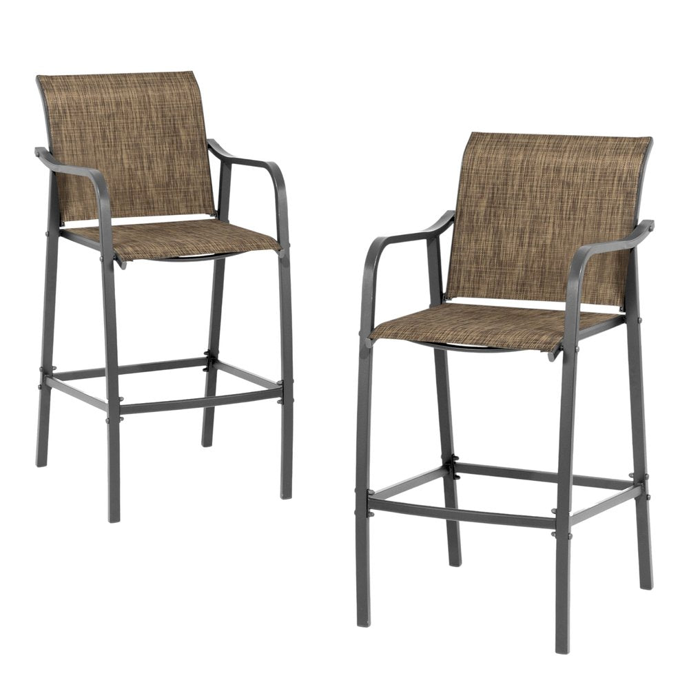 Set of Two 28" Gray and Brown Steel Outdoor Bar Height Chairs on a white background
