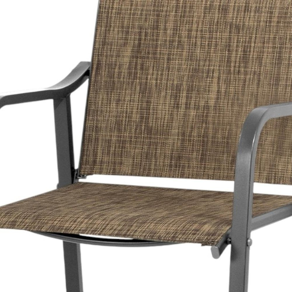 Set of Two 28" Gray and Brown Steel Outdoor Bar Height Chairs on a white background