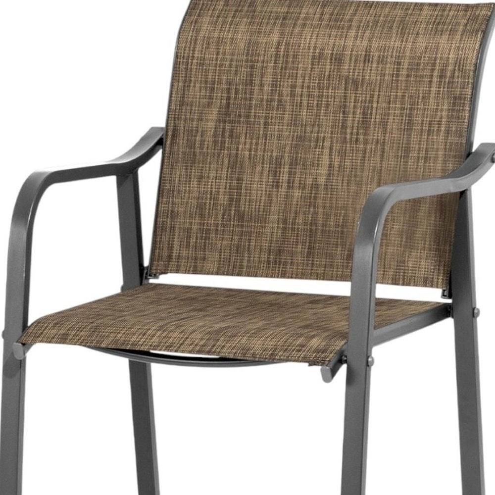 Set of Two 28" Gray and Brown Steel Outdoor Bar Height Chairs on a white background