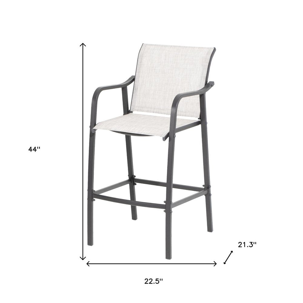 Set of Two 28" Gray Steel Outdoor Bar Height Chairs on a white background