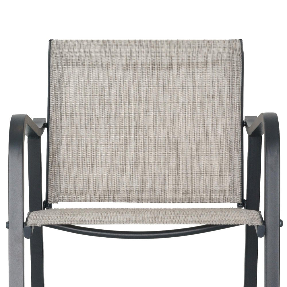 Close-up of a gray outdoor bar height chair with a woven fabric seat and back, set against a white background.