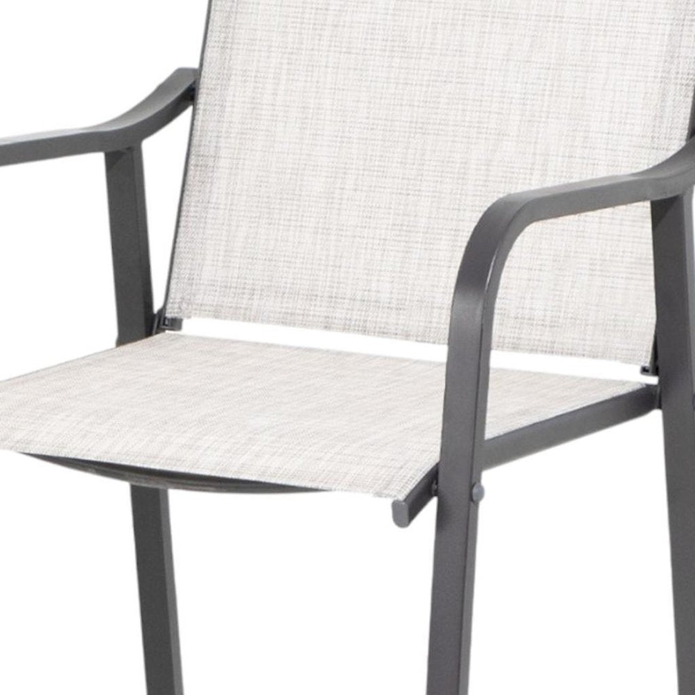 Set of Two 28" Gray Steel Outdoor Bar Height Chairs on a white background
