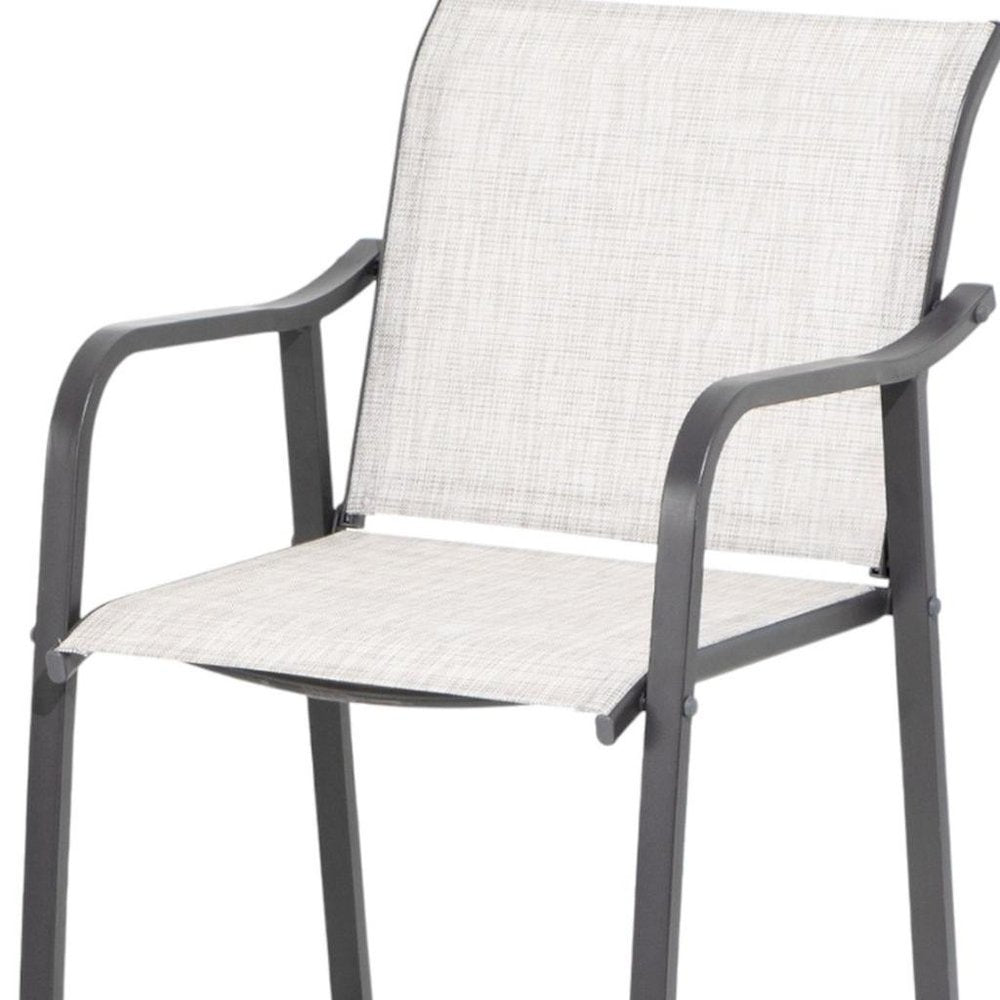 Set of Two 28" Gray Steel Outdoor Bar Height Chairs on a white background