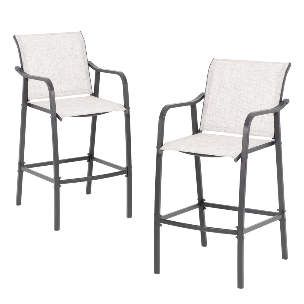 Set of Two 28" Gray Steel Outdoor Bar Height Chairs on a white background