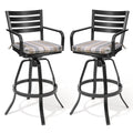 Set of Two 30" Black and Off White Aluminum Swivel Outdoor Bar Height Chairs on a white background