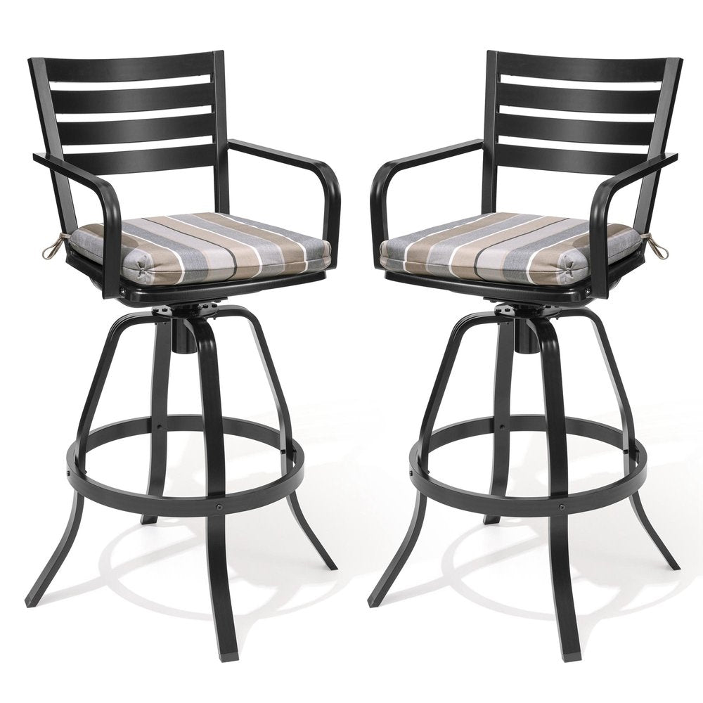 Set of Two 30" Black and Off White Aluminum Swivel Outdoor Bar Height Chairs on a white background