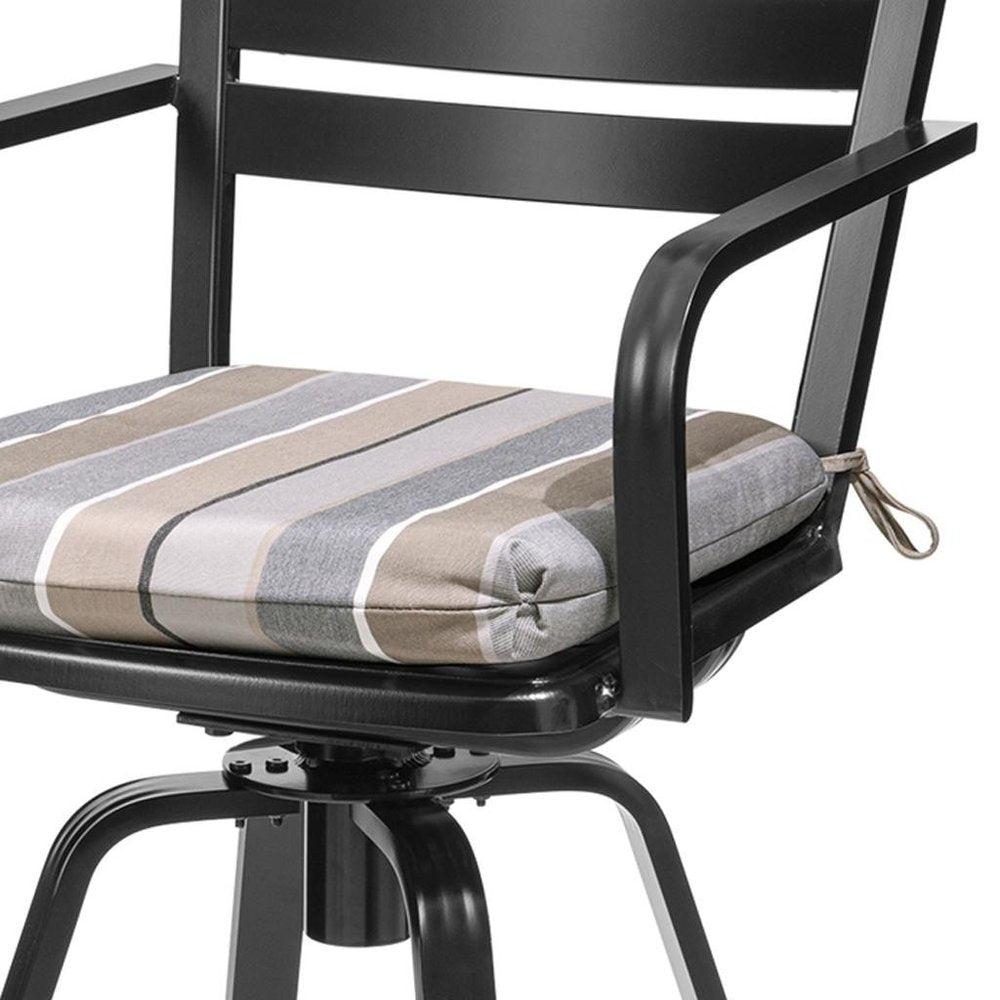 Set of Two 30" Black and Off White Aluminum Swivel Outdoor Bar Height Chairs on a white background
