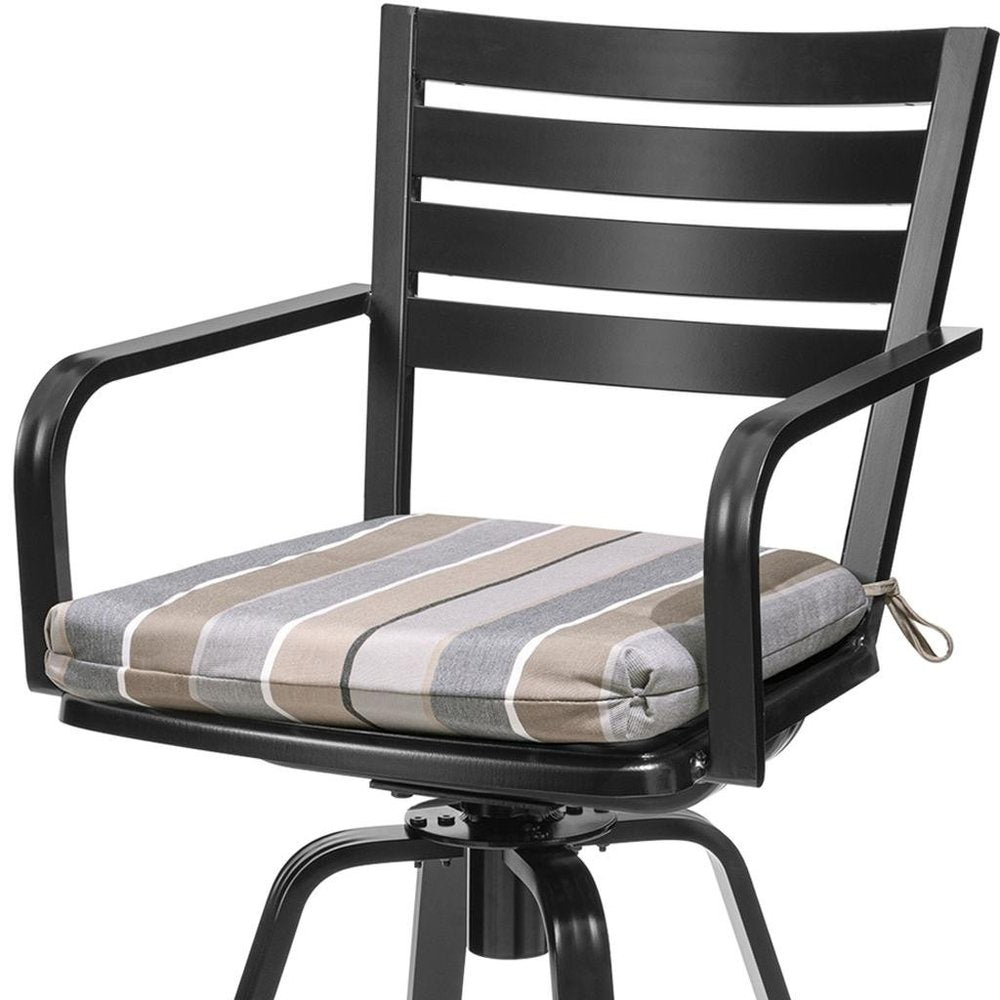 Set of Two 30" Black and Off White Aluminum Swivel Outdoor Bar Height Chairs on a white background