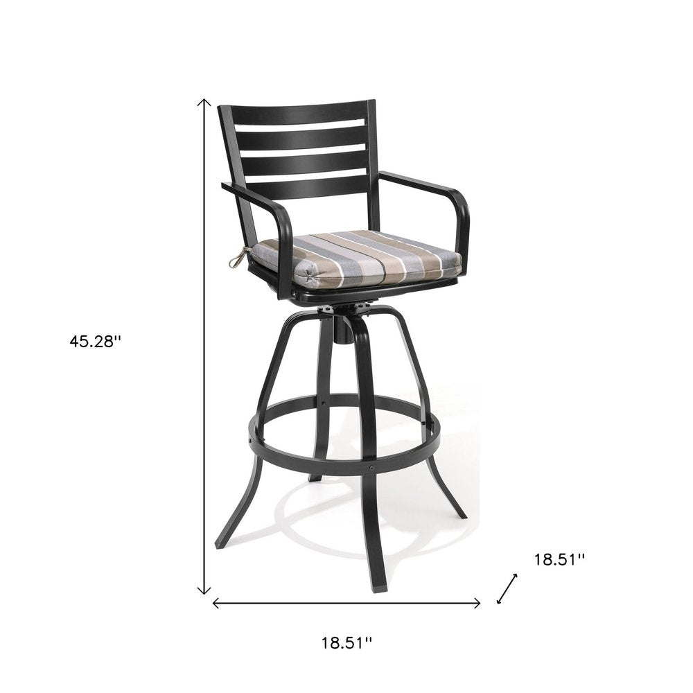 Set of Two 30" Black and Off White Aluminum Swivel Outdoor Bar Height Chairs on a white background