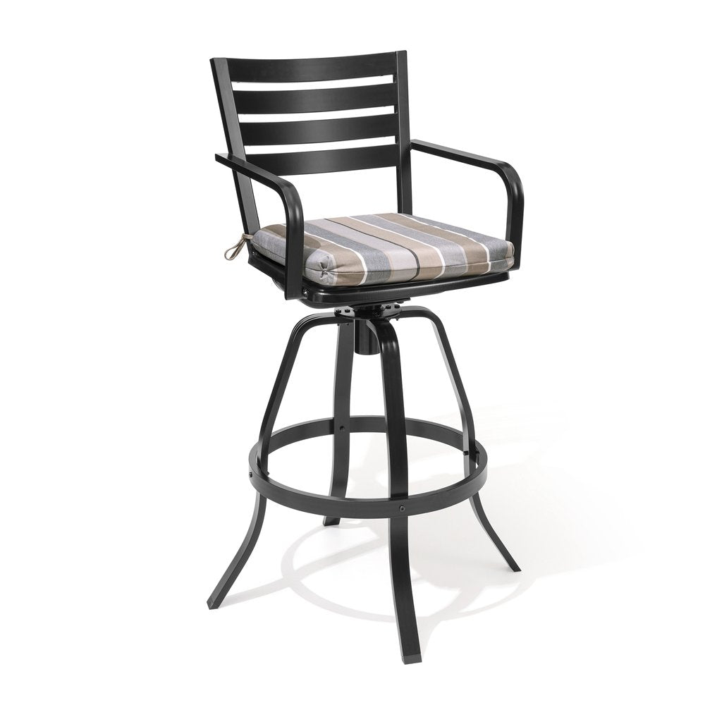 Set of Two 30" Black and Off White Aluminum Swivel Outdoor Bar Height Chairs on a white background