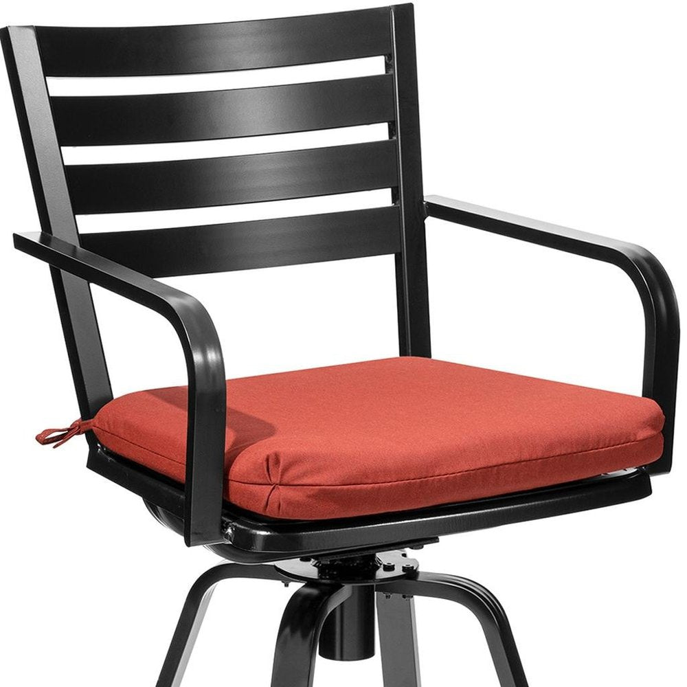 Set of Two 30" Black and Red Aluminum Swivel Outdoor Bar Height Chairs