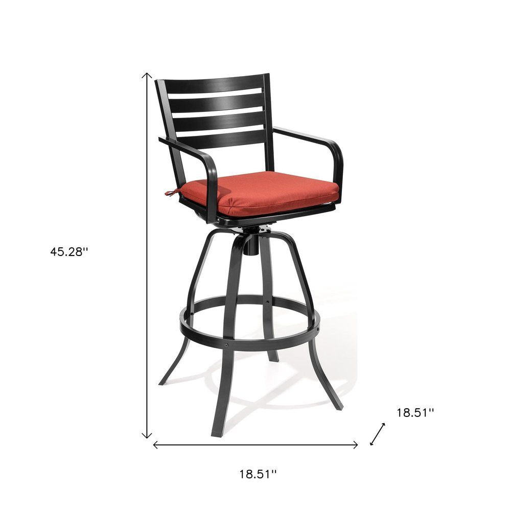 Set of Two 30" Black and Red Aluminum Swivel Outdoor Bar Height Chairs