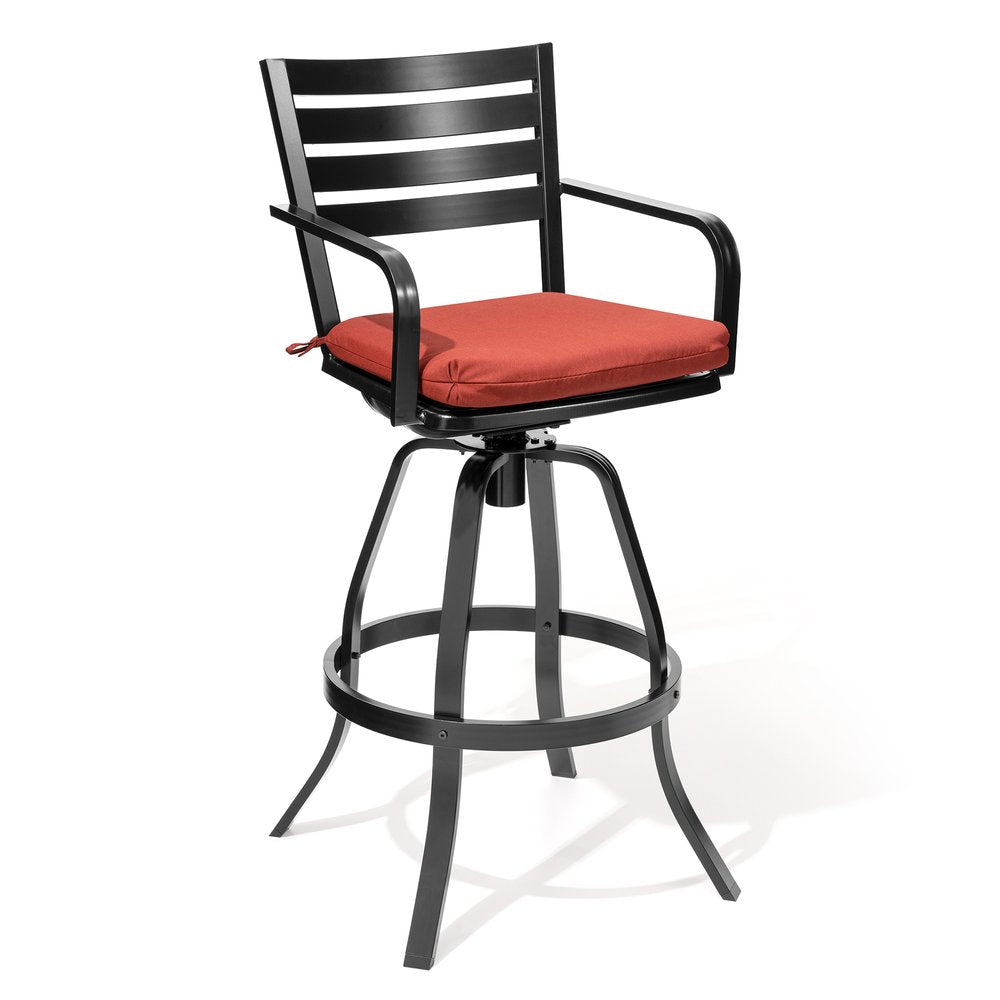 Set of Two 30" Black and Red Aluminum Swivel Outdoor Bar Height Chairs