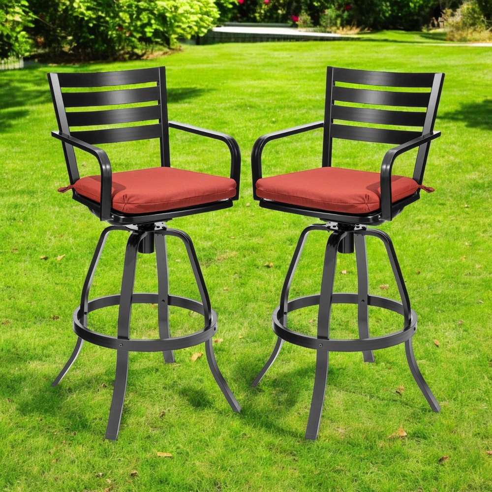 Set of Two 30" Black and Red Aluminum Swivel Outdoor Bar Height Chairs