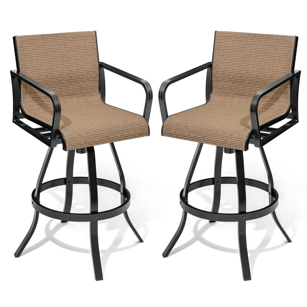 Two black and brown aluminum swivel outdoor bar height chairs with woven seats and backs on a white background.