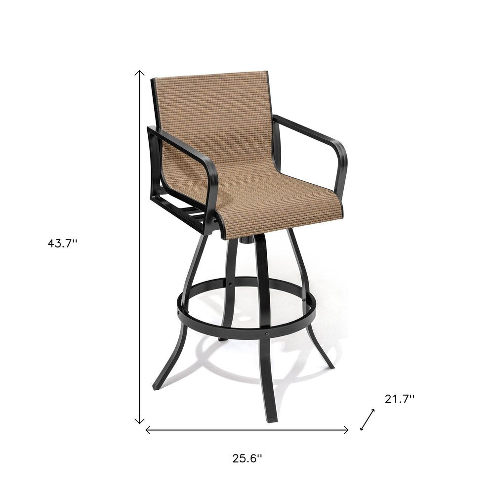 Set of Two 30" Black and Brown Aluminum Swivel Outdoor Bar Height Chairs