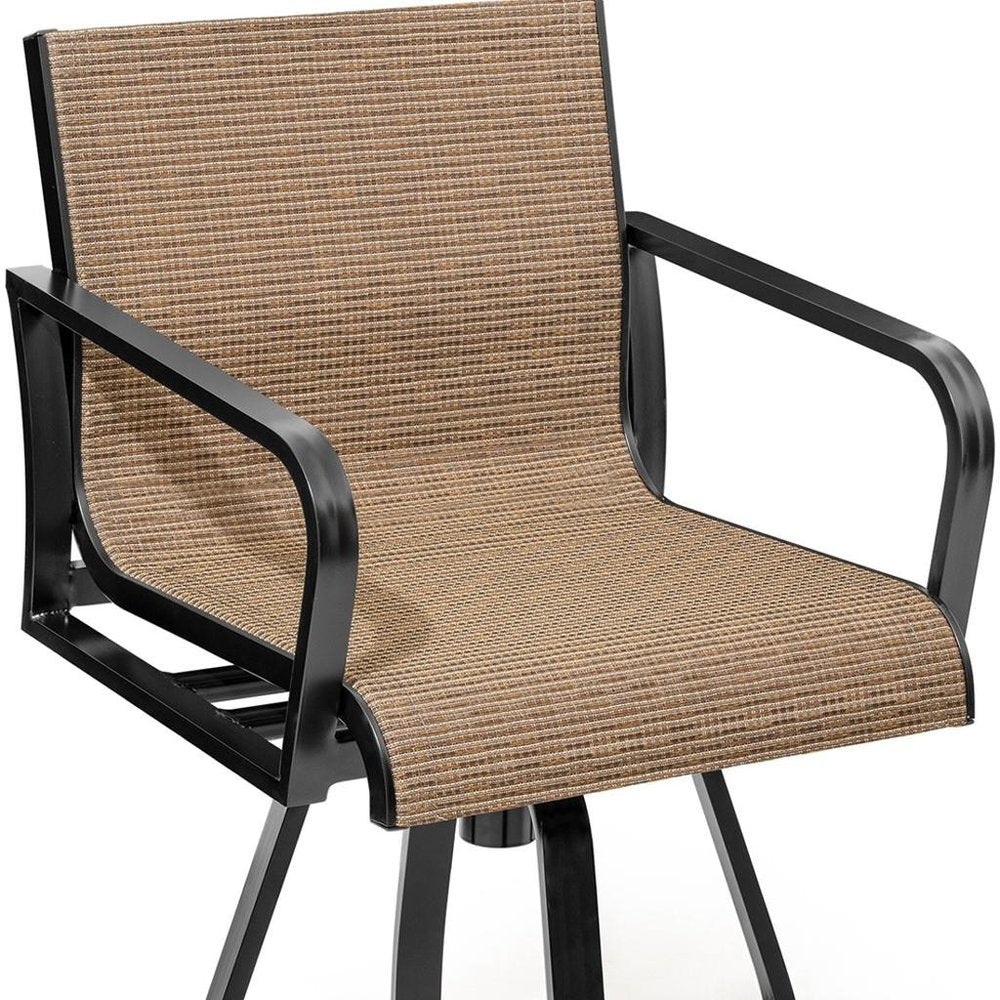 Set of Two 30" Black and Brown Aluminum Swivel Outdoor Bar Height Chairs