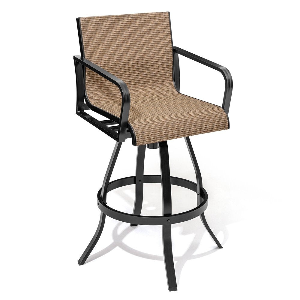 Set of Two 30" Black and Brown Aluminum Swivel Outdoor Bar Height Chairs