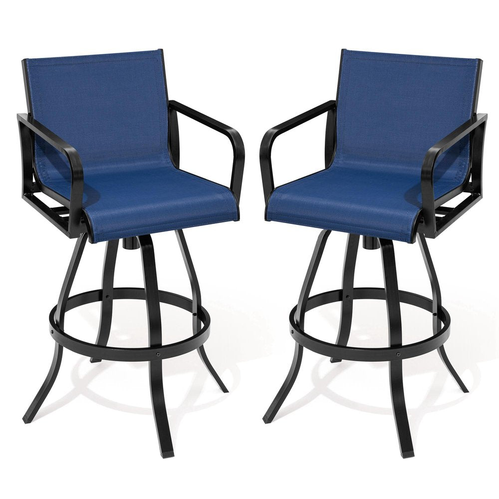 Two navy blue fabric and black metal swivel bar height chairs with armrests on a white background.