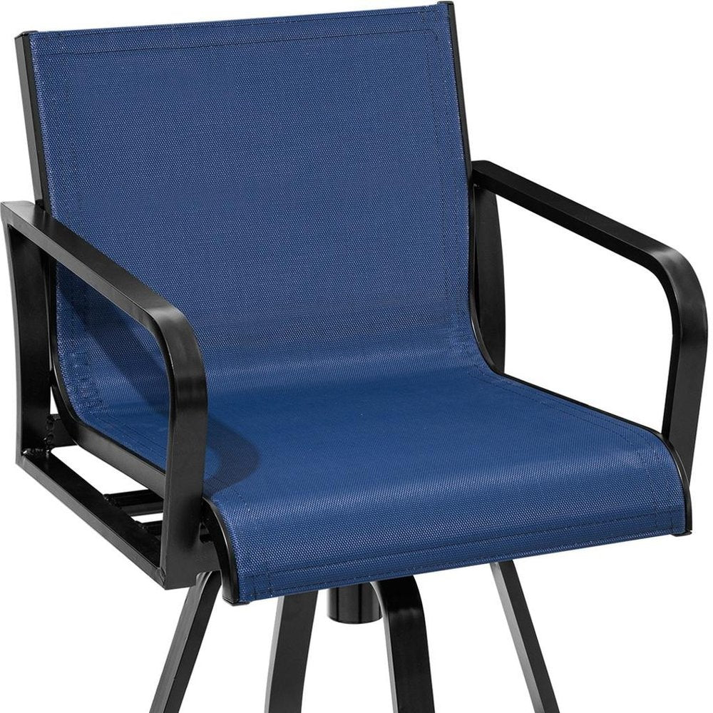 Set of Two 30" Black and Navy Blue Aluminum Swivel Outdoor Bar Height Chairs on a white background