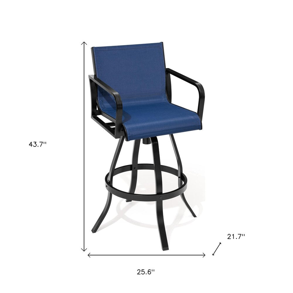 Set of Two 30" Black and Navy Blue Aluminum Swivel Outdoor Bar Height Chairs on a white background
