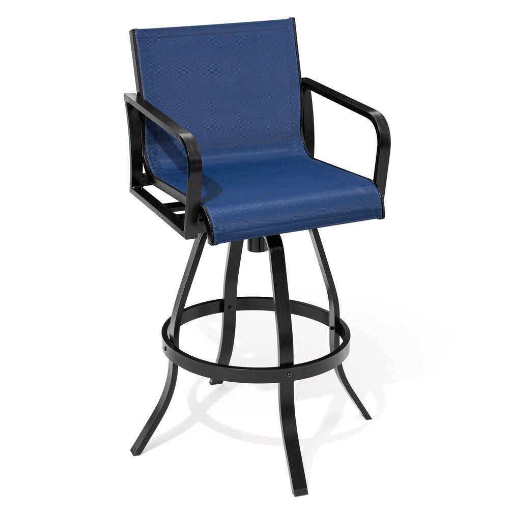 Set of Two 30" Black and Navy Blue Aluminum Swivel Outdoor Bar Height Chairs