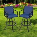 Set of Two 30" Black and Navy Blue Aluminum Swivel Outdoor Bar Height Chairs