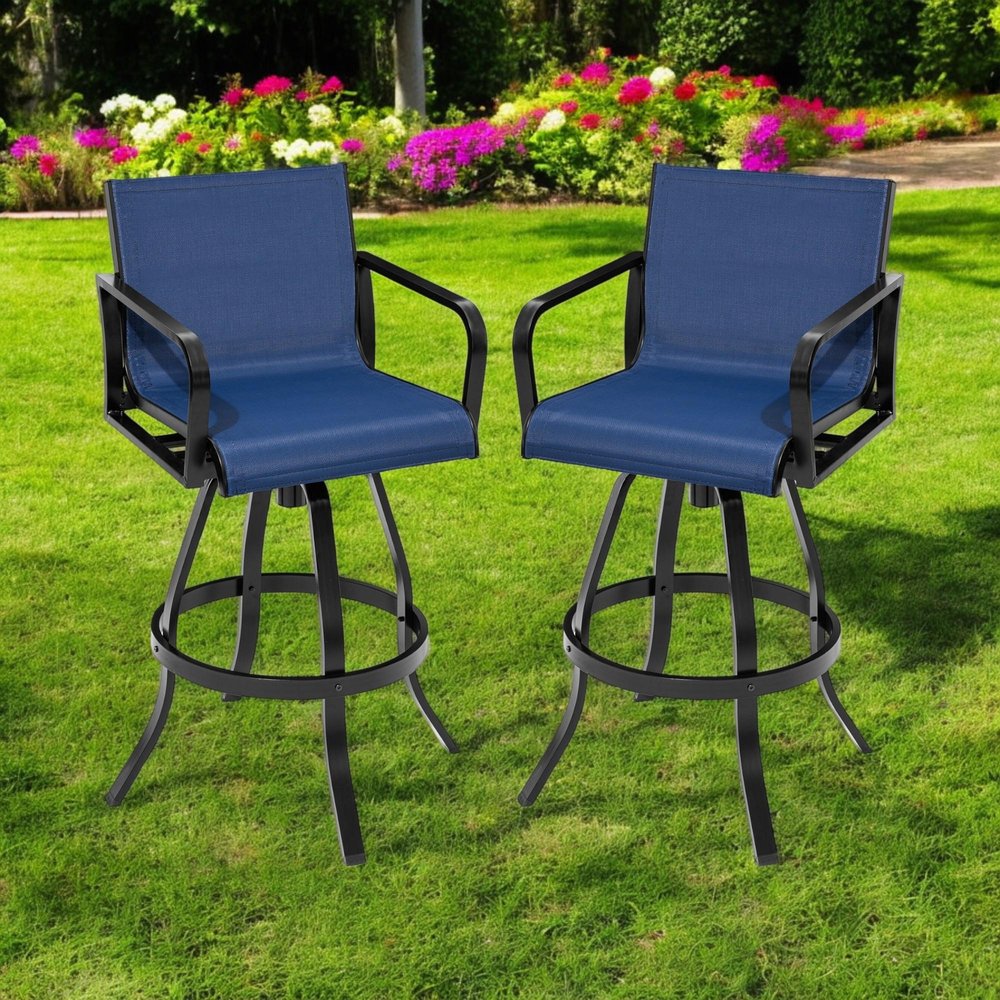 Set of Two 30" Black and Navy Blue Aluminum Swivel Outdoor Bar Height Chairs
