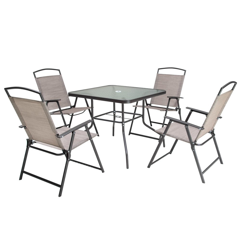 Square glass dining set with four folding chairs in beige and black metal on a white background.
