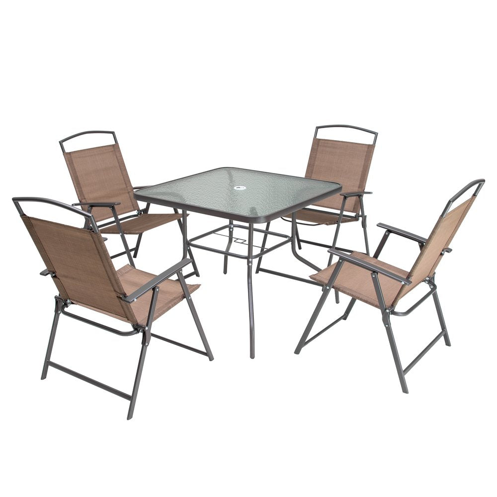 Square glass dining set with four brown fabric and metal folding chairs on a white background.