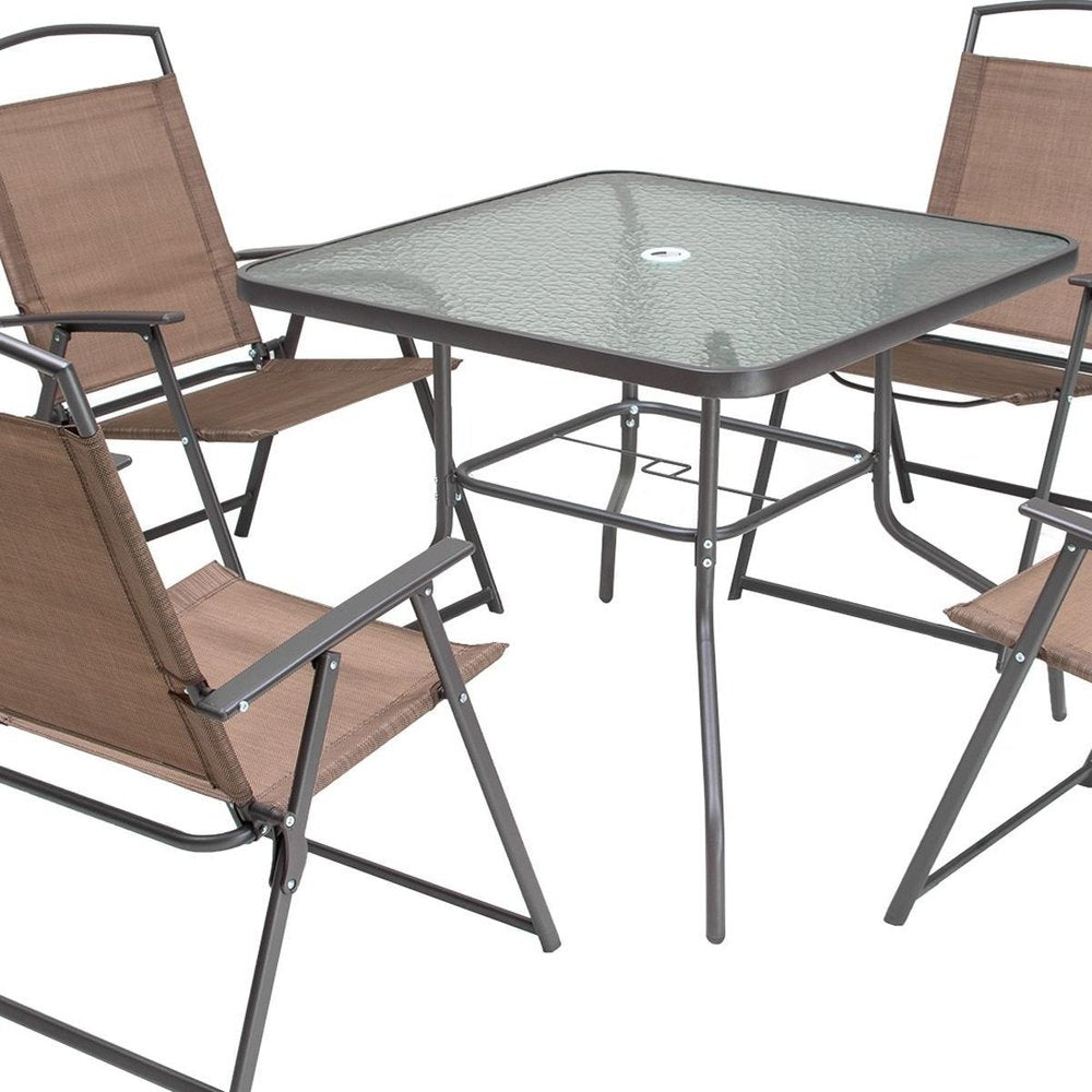Five Piece Clear and Brown Square Glass Dining Set with Four Chairs