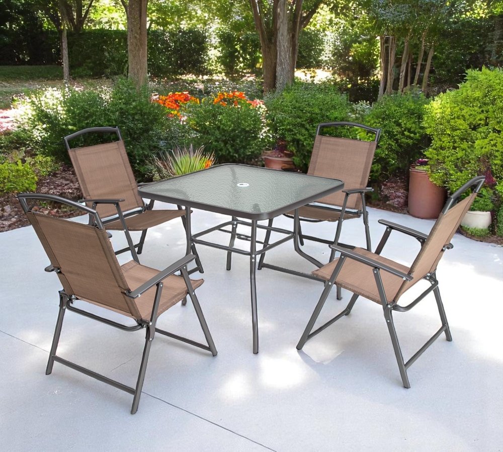 Five Piece Clear and Brown Square Glass Dining Set with Four Chairs
