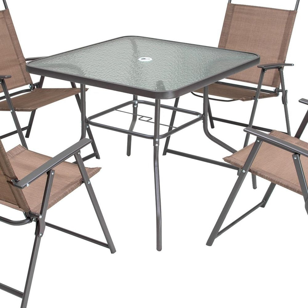 Five Piece Clear and Brown Square Glass Dining Set with Four Chairs