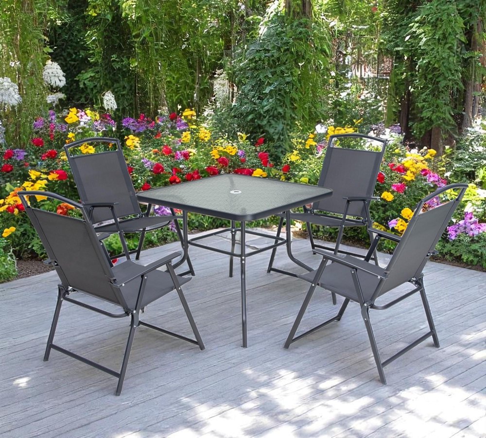 Five Piece Clear and Black Square Glass Dining Set with Four Chairs