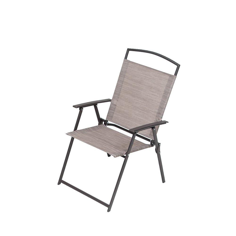 Gray fabric and dark metal folding chair on a white background