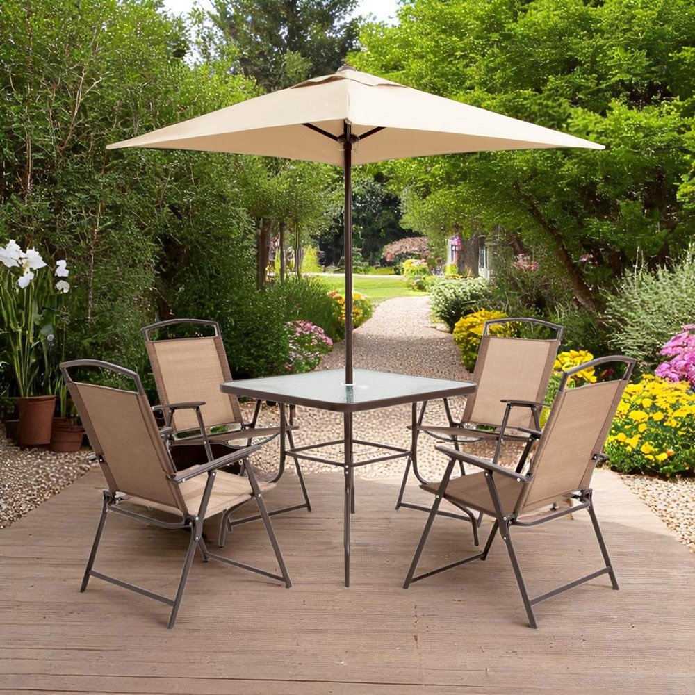 Six Piece Clear and Brown Square Glass Dining Set with Four Chairs