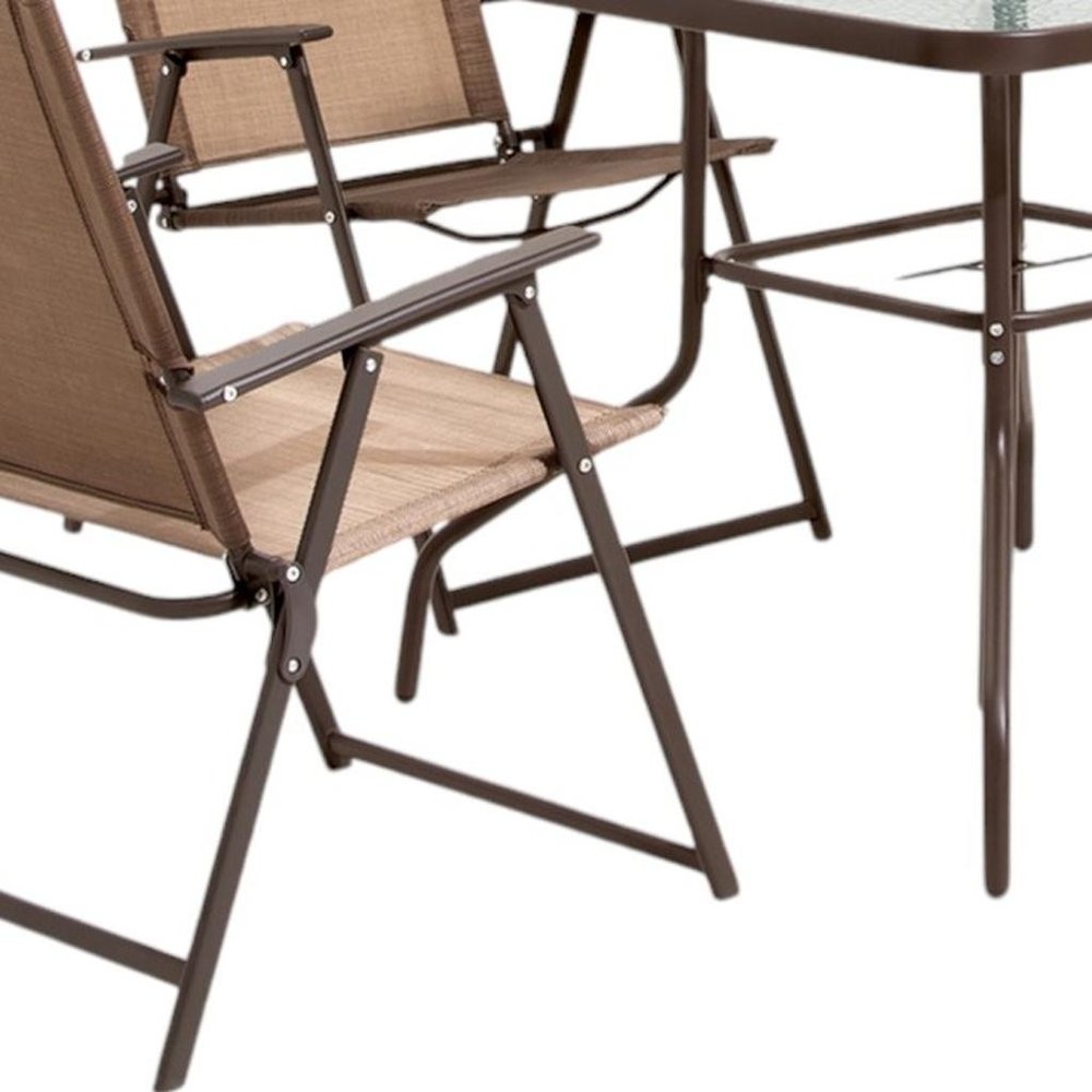 Six Piece Clear and Brown Square Glass Dining Set with Four Chairs