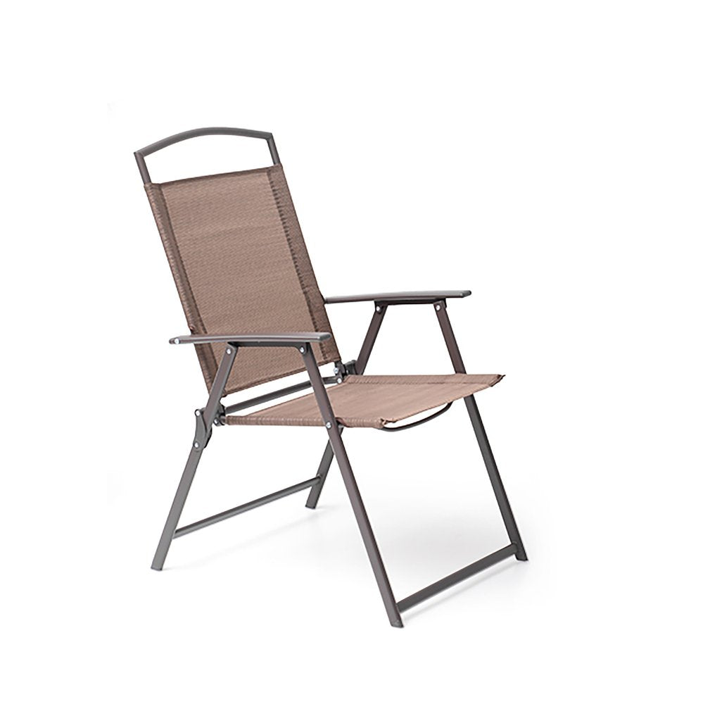 Brown mesh and dark metal folding outdoor chair on a white background