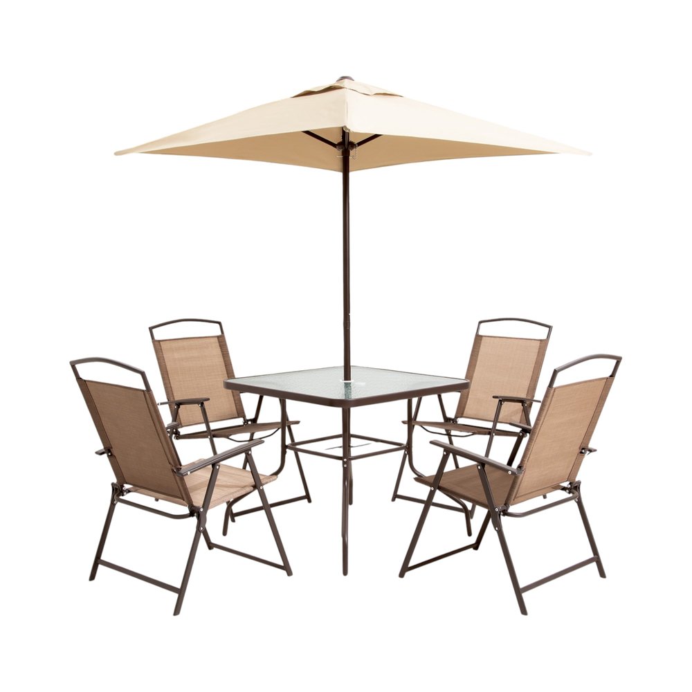 Six Piece Clear and Brown Square Glass Dining Set with Four Chairs