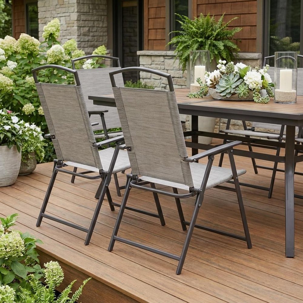 Set of Four 35" Brown Steel Sling Outdoor Folding Arm Chairs
