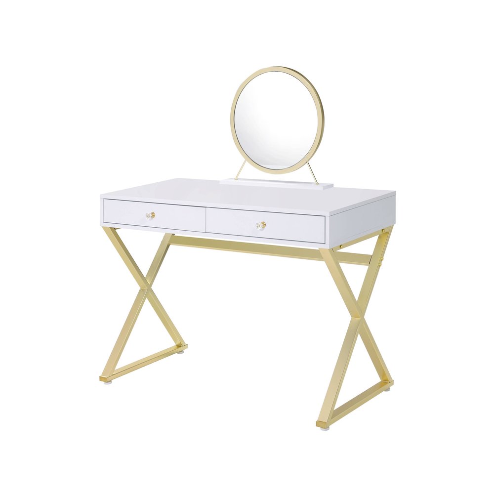 White vanity table with two drawers and a gold round mirror on a white background.