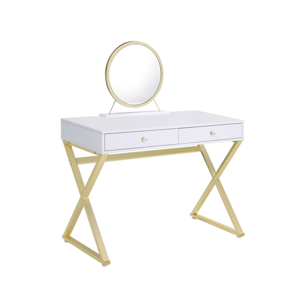 42" Mirrored Vanity Table with Mirror. Vanity table isolated on a plain white background, showing a cream metal surface.