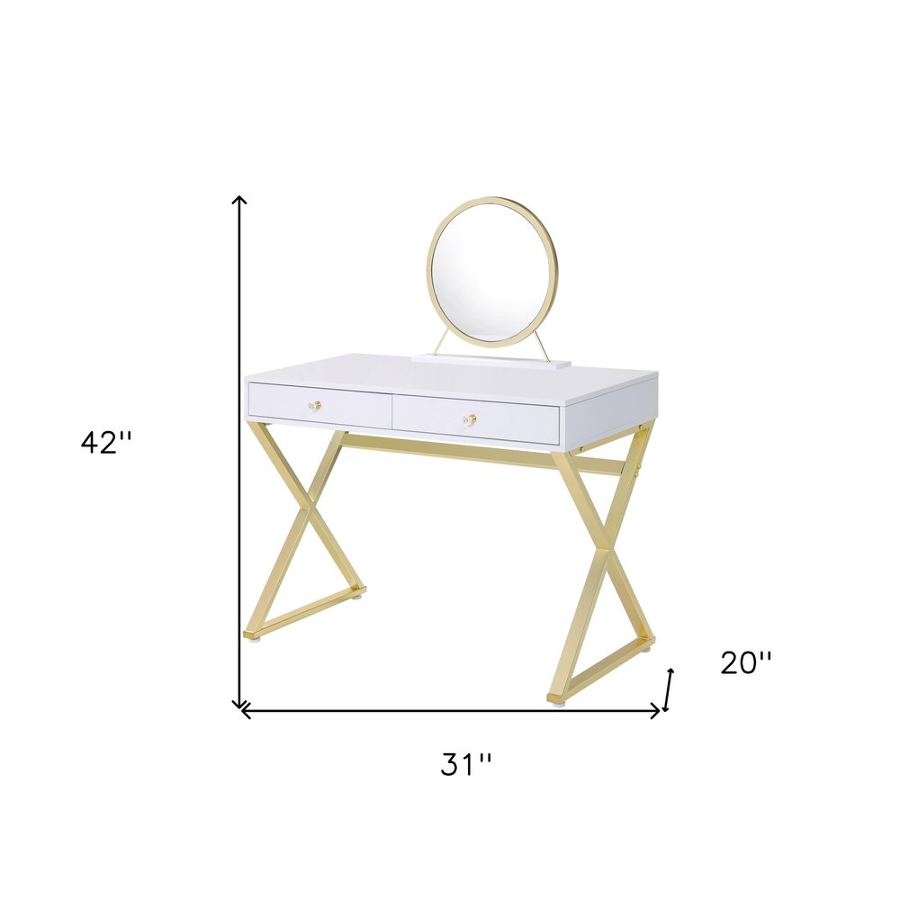 42" Mirrored Vanity Table with Mirror. Vanity table isolated on a plain white background, in a cream metal finish.